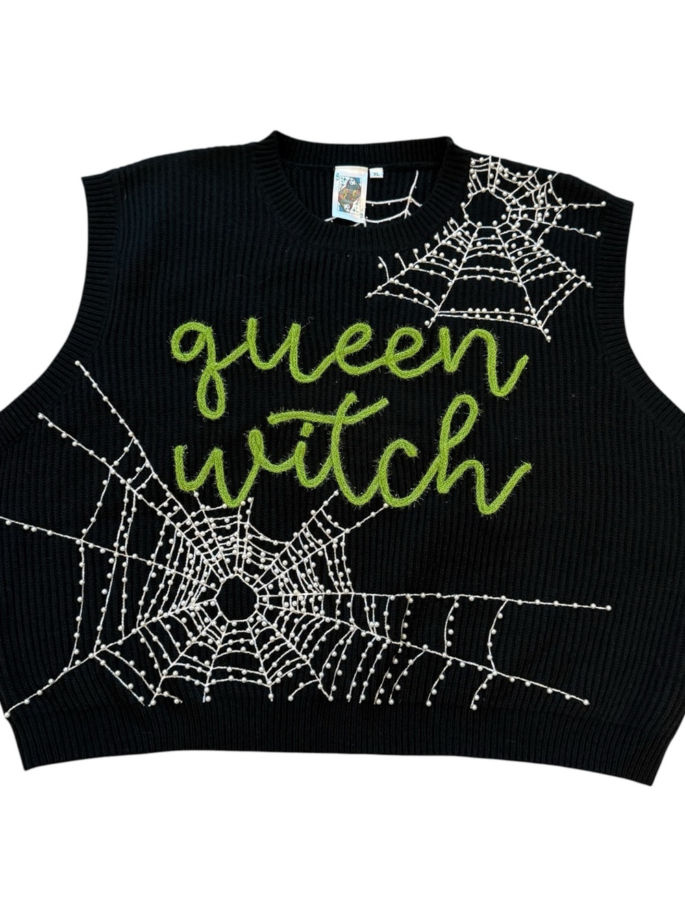 Queen of Sparkles Queen Witch Sweater Vest XL Black Pearls Cobweb Halloween Knit